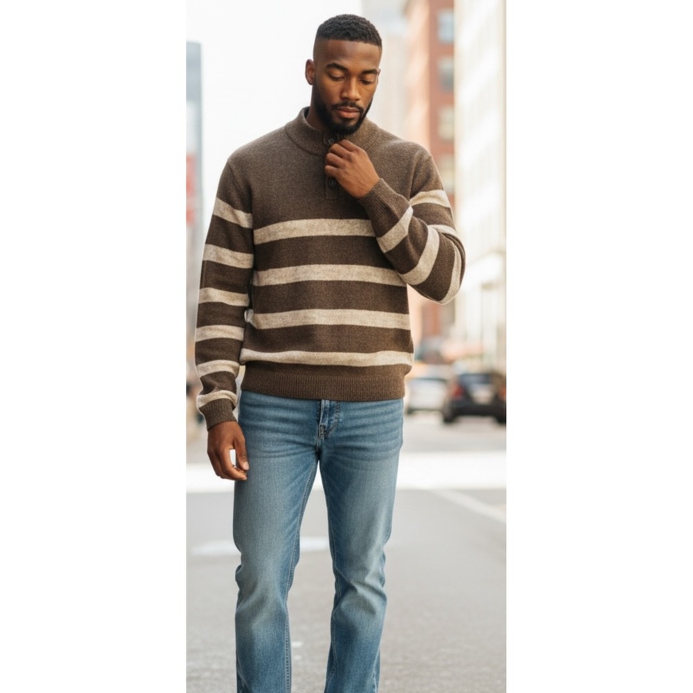 Chaps‎ Sweater Men's Knit Brown Beige Stripe Mock Neck Button Quarter Pullover L